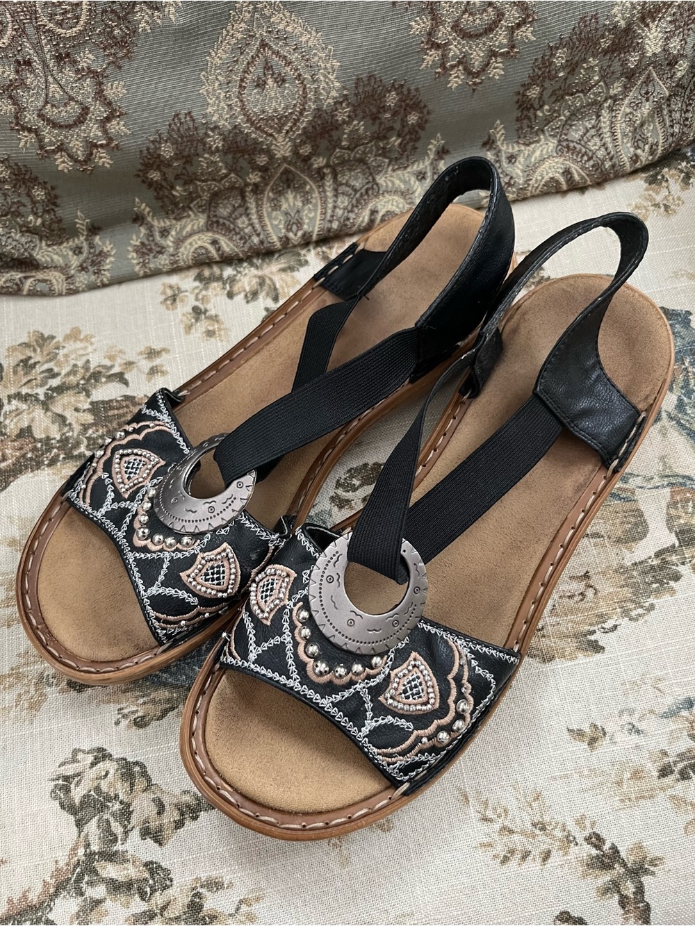 Women’s Rieker Black Embroidered Slingback Sandals with Decorative Accent Size 8